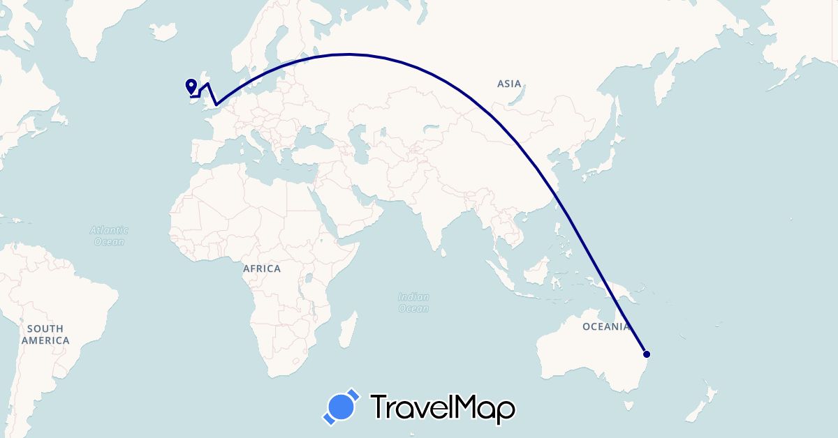 TravelMap itinerary: driving in Australia, United Kingdom, Ireland (Europe, Oceania)